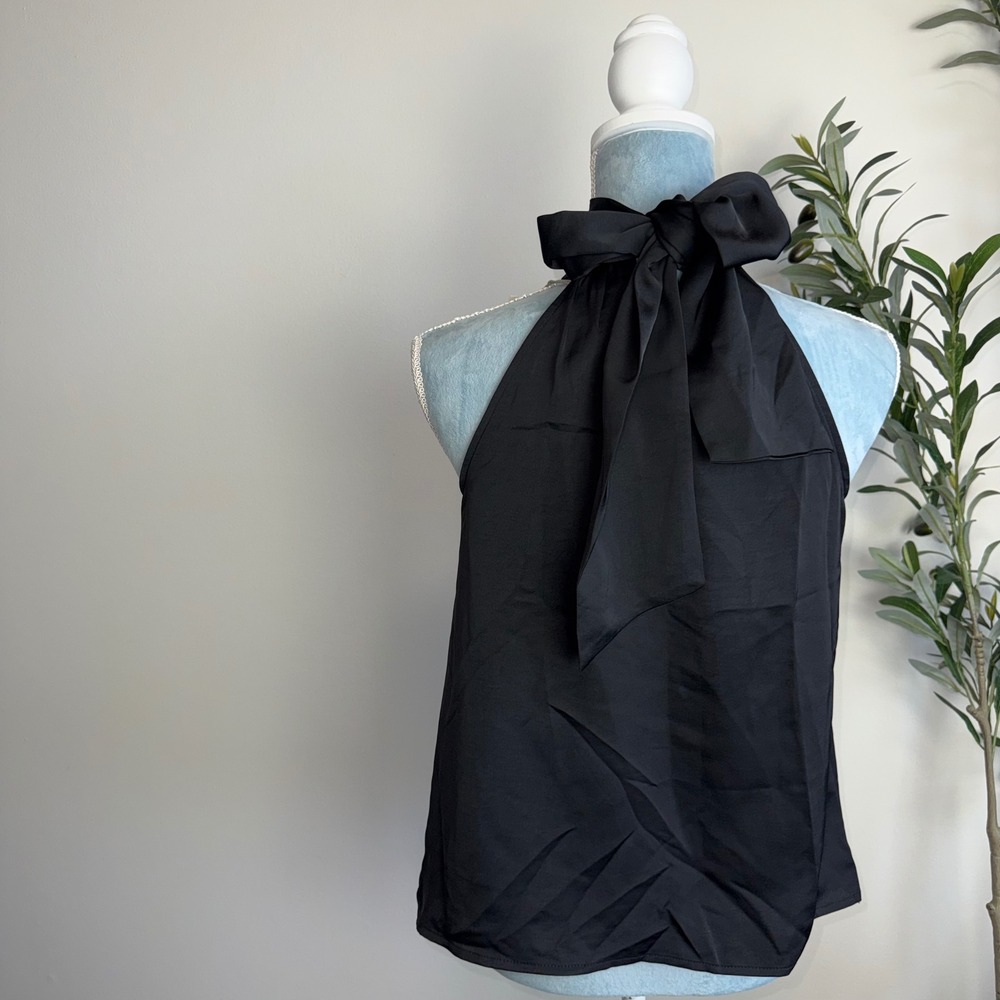 A New Day Womens Black Satin High Neck Halter Top‎ Sleeveless Blouse NWT Small